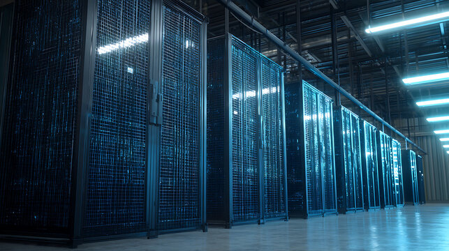 Rows of server racks in a modern data center with blue lighting and mesh doors - Powered by Adobe