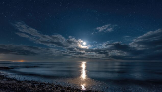 Moonlit night sky over a calm ocean