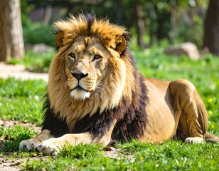 Obraz premium Majestic lion resting in grassy park
