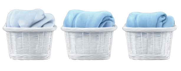 Light-blue laundry in white wicker baskets