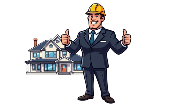 Cartoon Architect Thumbs Up Approving New House Construction