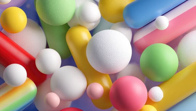 Abstract colorful 3D shapes, various sizes and textures