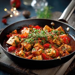 Fototapeta premium Spicy tofu stew in pan, garnished with herbs