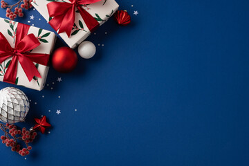 A festive arrangement of wrapped gifts with red ribbons, silver ornaments, and red berries on a...