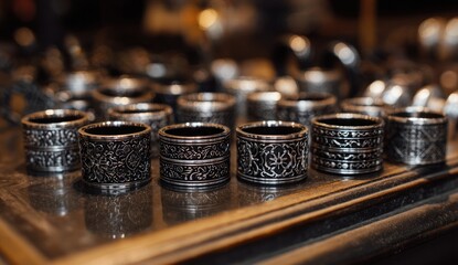 Close-up of many engraved metal rings arranged on a dark surface