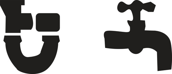 Fototapeta premium Black plumbing icons showing a pipe fitting and a faucet on a white background in a simple illustration