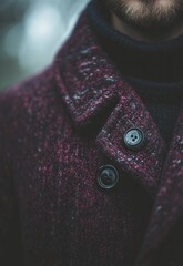 Close-up of a man's burgundy coat collar and buttons