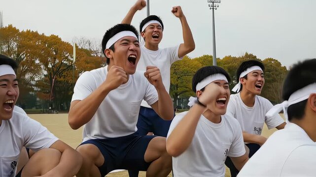 体育祭で応援に熱中する男子高校生たち
