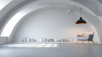 A minimalist, modern loft interior, featuring arched windows, a light gray armchair, and a pendant lamp.