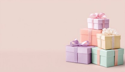 Obraz premium Pastel-toned gift boxes stacked on a pale pink background