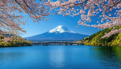 Mt. Fuji framed by cherry blossoms over a tranquil lake