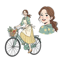 Charming Woman on Bicycle with Groceries Illustration