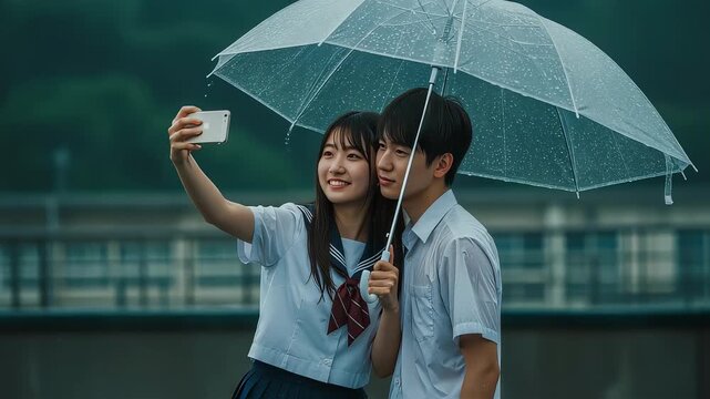 雨の日に相合い傘で自撮りをする高校生カップル