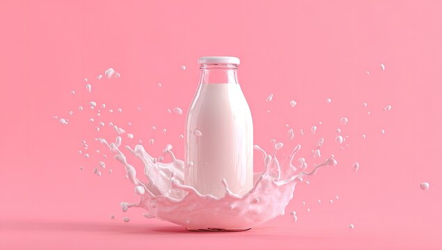 Milk bottle with splash on pink background