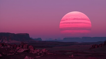 Obraz premium Mystic Sunset: A breathtaking desert landscape is painted in vibrant shades of violet and crimson, the immense celestial body dominates the horizon, casting an ethereal glow over the rugged terrain. 