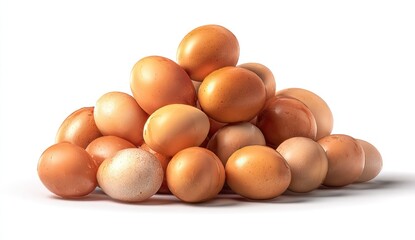 Pile of brown eggs, various shades, on white background