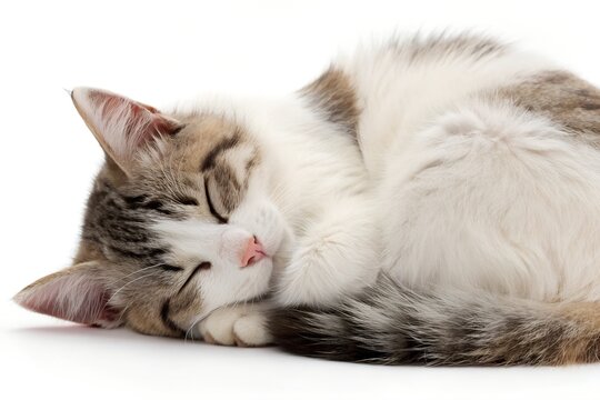 Sleeping cat with white, brown, and black fur curled up peacefully on white background