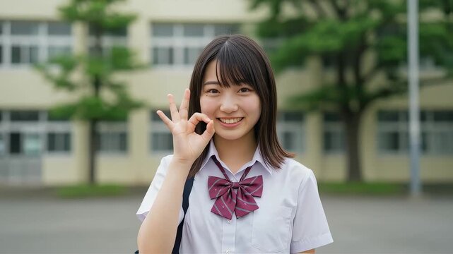 明るい陽射し。校舎の前でOKサインをする女子高生