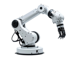 Articulated robotic arm, white, multi-jointed, reaching, industrial automation, precise movements, technological advancement