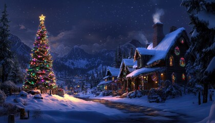 Snowy Christmas village at night, with a decorated tree