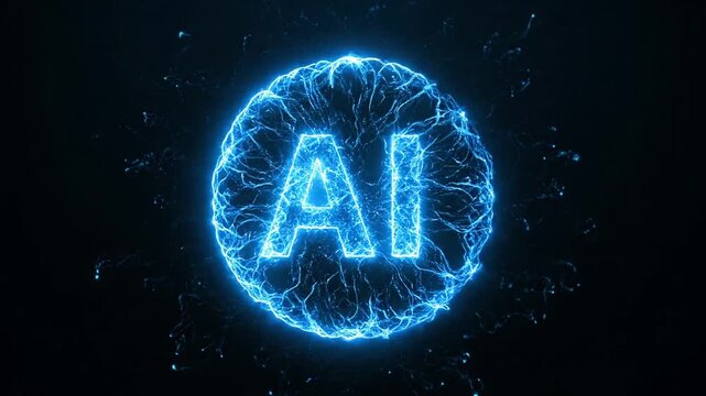 Glowing blue AI logo pulsates with energy, symbolizing artificial intelligence and futuristic technology.