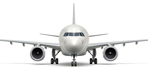 Front view of commercial jet airplane with twin engines and cockpit windows on white background