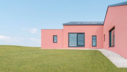 Modern Pink House on Green Field
