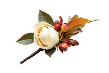 Elegant cream rose boutonniere with berries and leaves floral arrangement wedding corsage decoration realistic flower isolated on transparent background