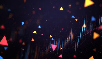 Abstract graphic with colorful triangles and lines, overlaid on a dark background