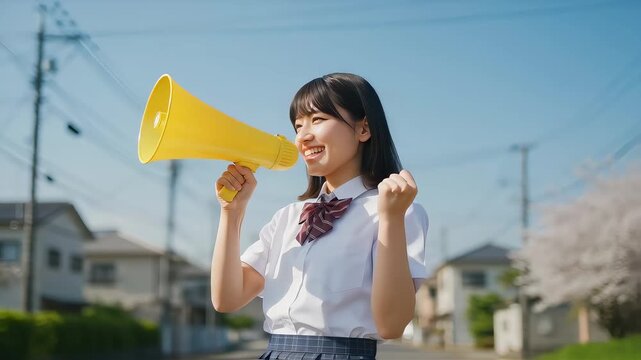 春の通学路でメガホンを持って応援する女子高生
