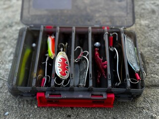 fishing lures in a tackle box