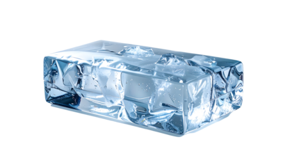 A translucent rectangular block of ice, internally showing trapped air bubbles and crystalline structures