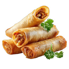 Golden spring rolls stacked high, topped with herbs