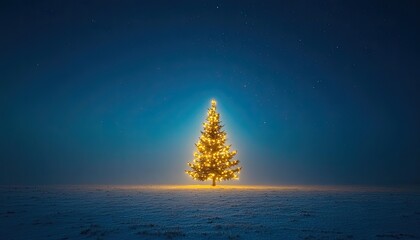 Illuminated Christmas tree in snowy field at night