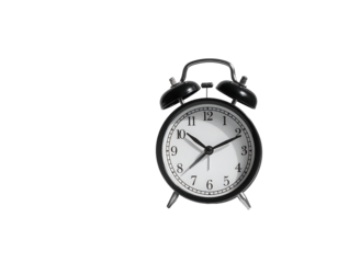 Classic black alarm clock with silver hands and numerals on a white face;  twin bells, sleek design, isolated on black