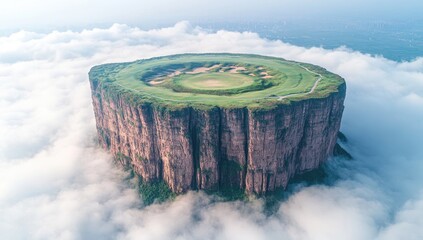 Verdant, circular plateau atop a craggy mountain, cloud-kissed