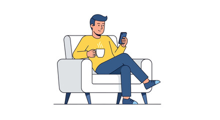A man is sitting in a white armchair, holding a phone and a cup of coffee.