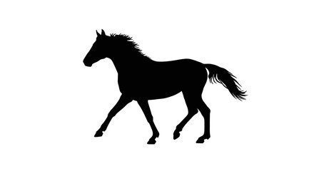 A black silhouette of a horse in motion against a white background