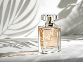 Elegant amber perfume bottle with palm leaf design on a bright surface with palm leaf shadows