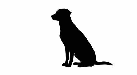 A black silhouette of a dog sitting sideways on a white background