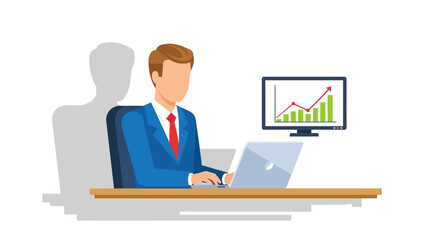 Businessman working on laptop, analyzing growth chart.