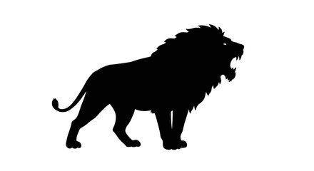 A black silhouette of a roaring lion mane fully visible against a white background