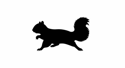 A black silhouette of a squirrel midrun tail arched against a white background