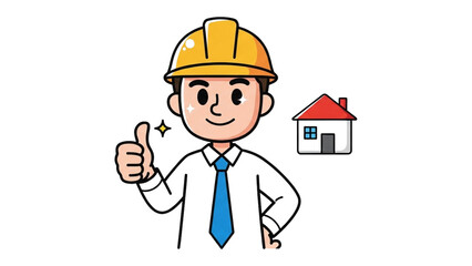 Cartoon Builder Approving House Project on Black
