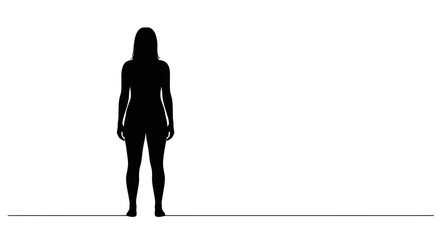 A fullbody black silhouette of a woman stands centered on a white background atop a black line