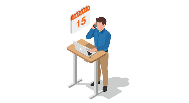 Man working at standing desk with laptop and calendar.