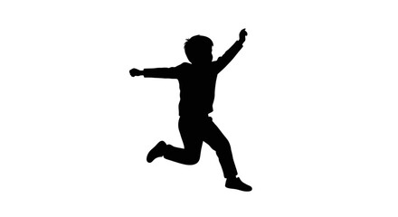 A silhouetted child is leaping in the air with arms outstretched in a celebratory pose