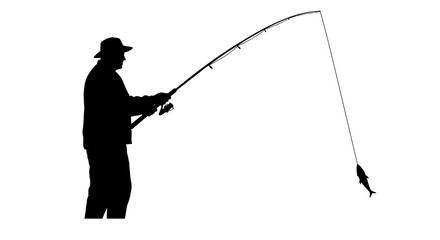 Obraz premium A silhouetted figure is fishing a fish is caught on the line
