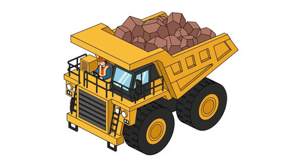 Isometric illustration of a large yellow mining dump truck carrying a load of rocks. © Lariss