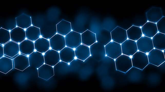 Glowing hexagonal molecular structure on dark background - Powered by Adobe